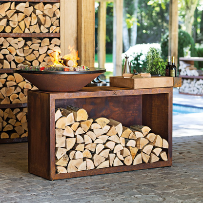Ofyr Island Corten 100 Teakholz Feuerplatte