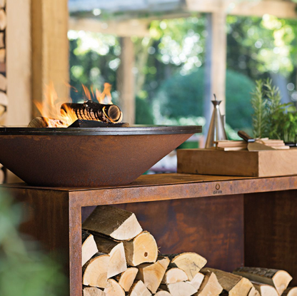Ofyr Island Corten 100 Teakholz Feuerplatte